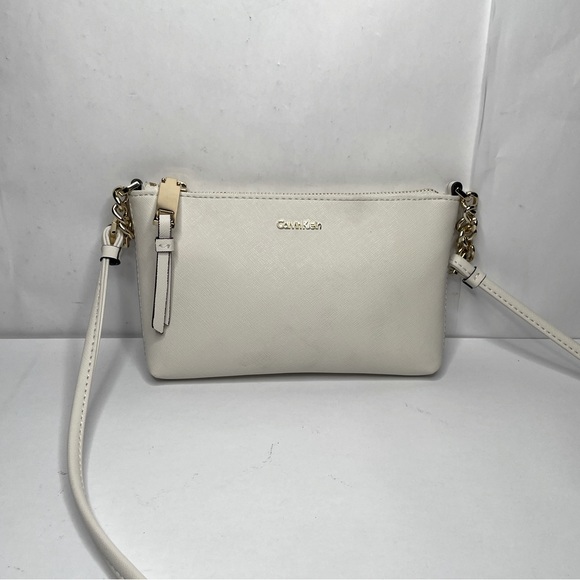 Calvin Klein Bags Calvin Klein Hayden Saffiano Leather Beige Chain Gold Zip Crossbody Bag
